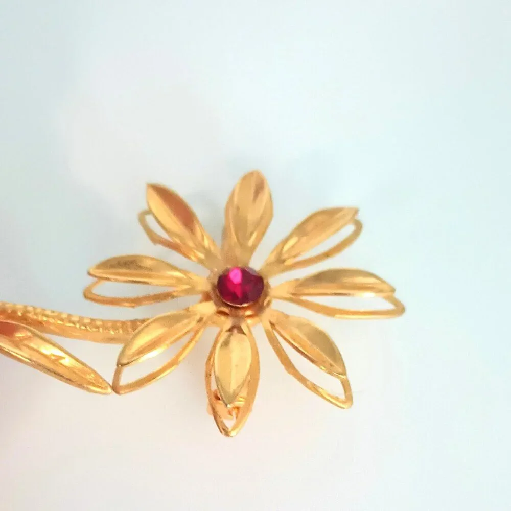 Vintage Long Stem Flower Brooch Etched Gold Tone 3D Red Rhinestone Center